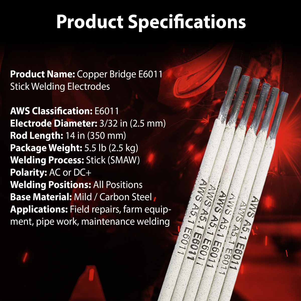 AWS E6011 3/32 in (2.4 mm), 5 lb (2.5 kg) Box Stick Welding Electrodes