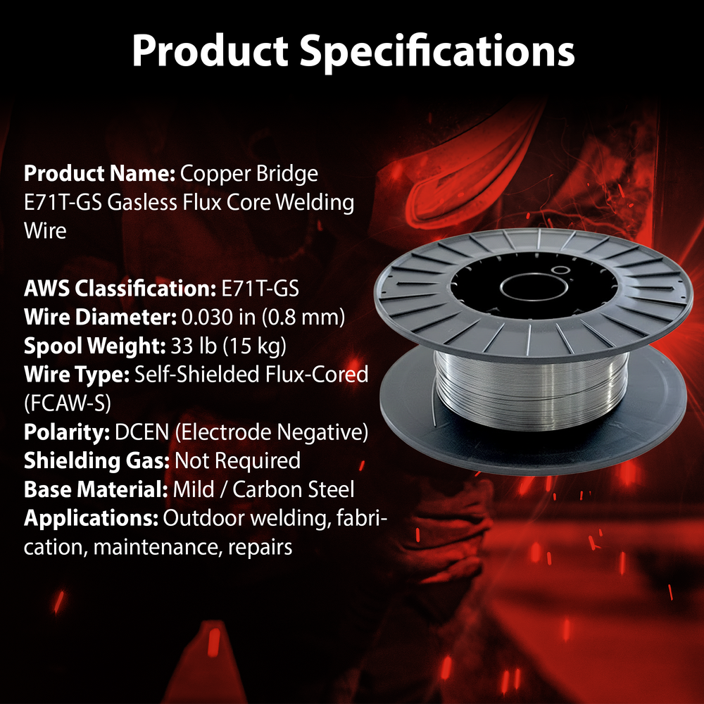 AWS E71T-GS .030 in (0.8 mm) 33 lb (15 kg) Spool Gasless Flux-Cored Wire "Innershield Style" – No Gas Needed, Outdoor Ready, Wind Resistant