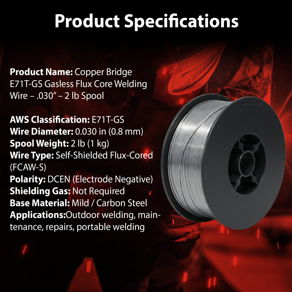 AWS E71T-GS .030 in (0.8 mm) 2 lb (1 kg) Spool Gasless Flux-Cored Wire "Innershield Style" – No Gas Needed, Outdoor Ready, Wind Resistant